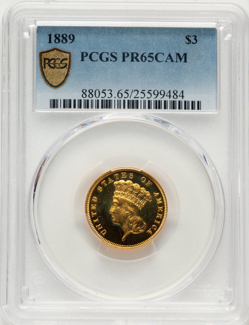 1889 $3 CA Proof Three Dollar Gold Pieces PCGS PR65