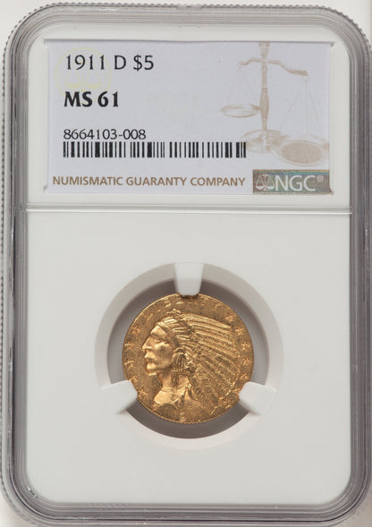 1911-D $5 Indian Half Eagle NGC MS61