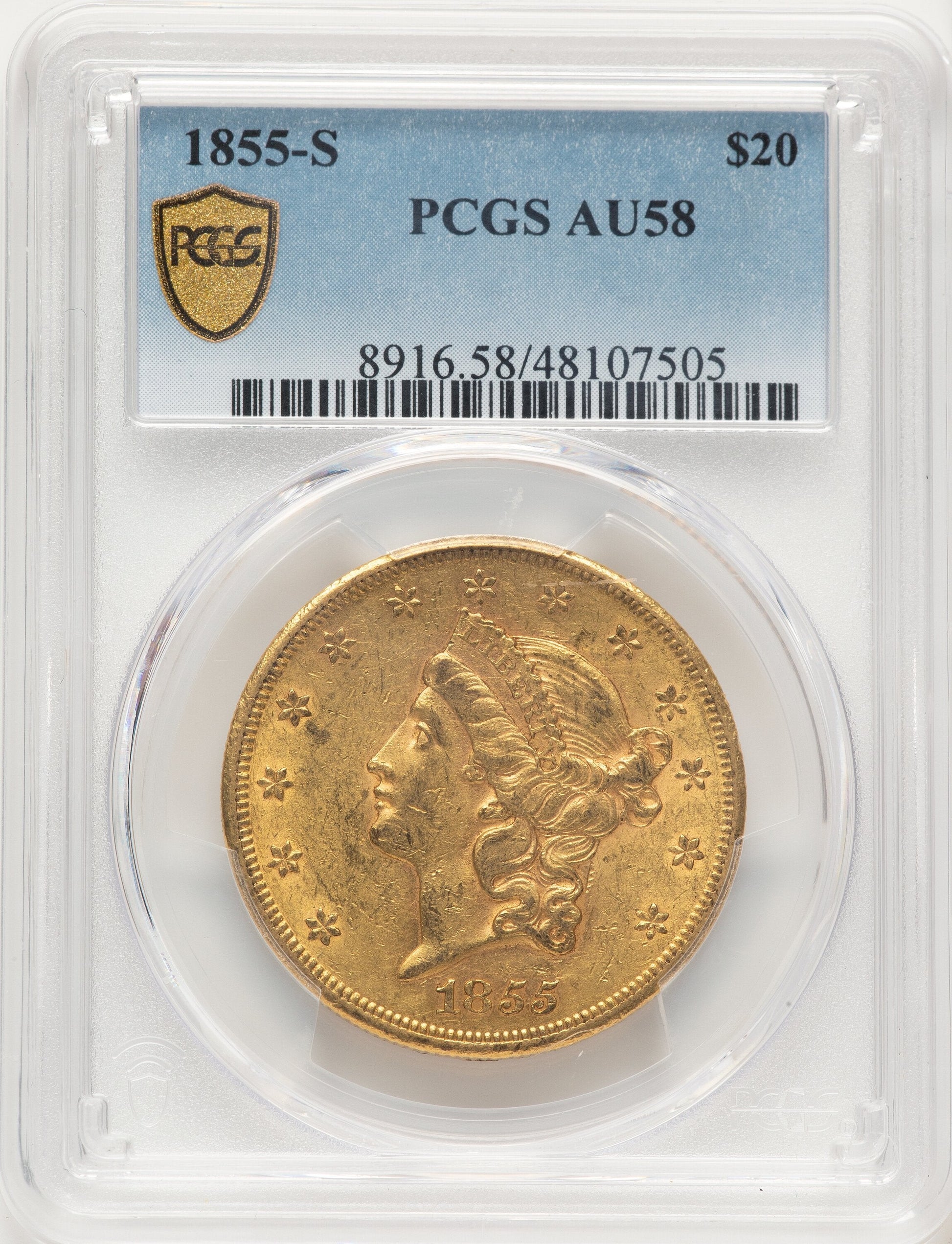 1855-S $20 Blue Gradient Liberty Double Eagle PCGS AU58