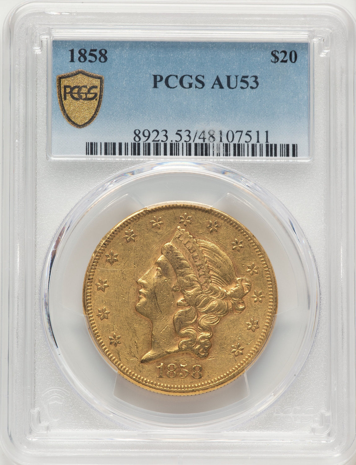 1858 $20 Blue Gradient Liberty Double Eagle PCGS AU53
