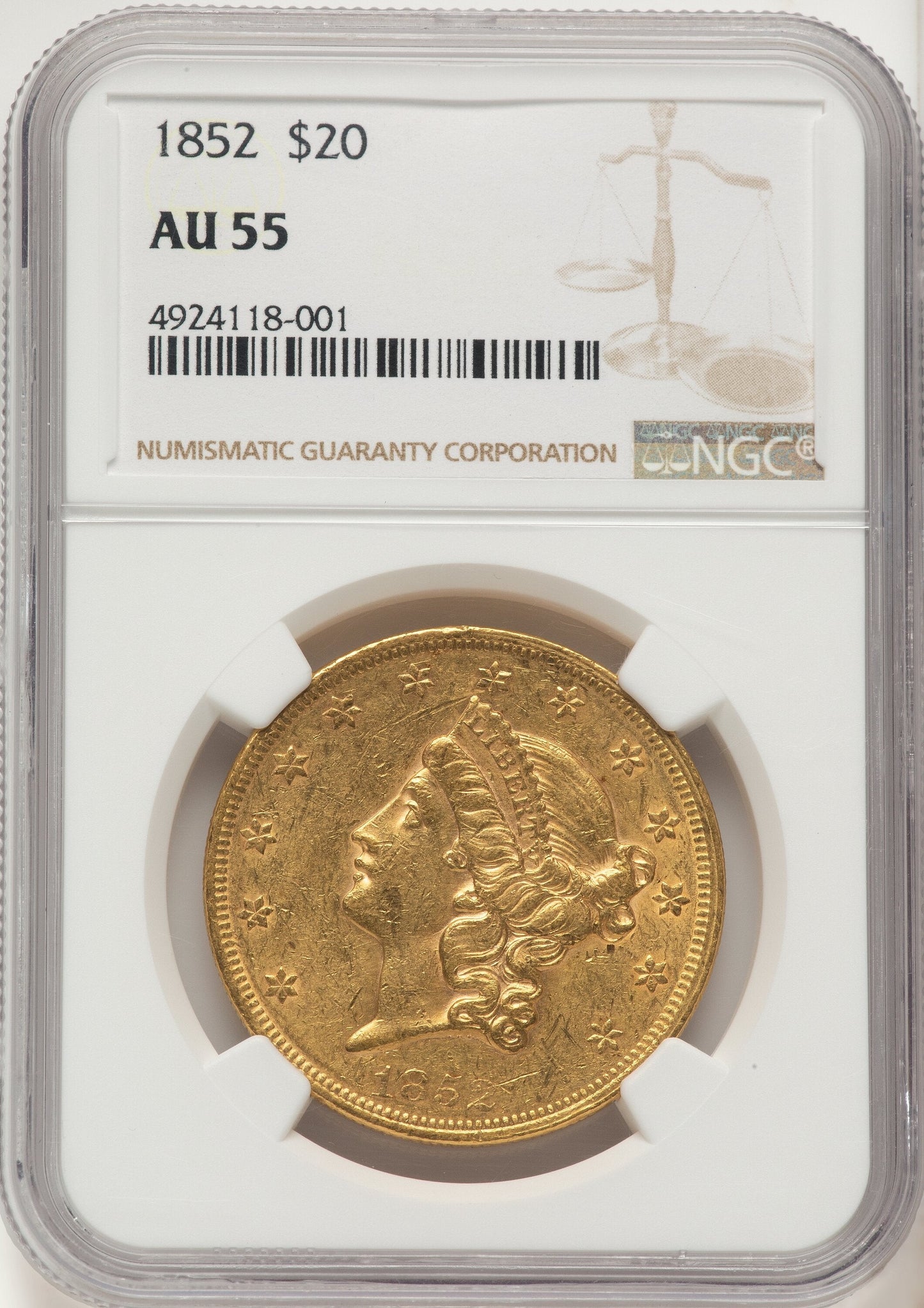 1852 $20 Brown Label Liberty Double Eagle NGC AU55