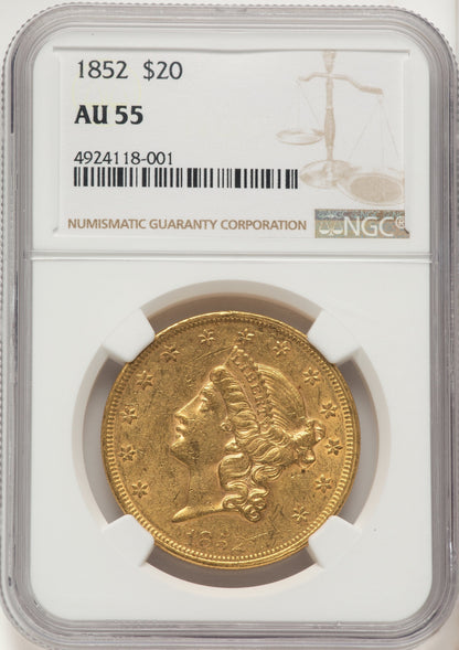 1852 $20 Brown Label Liberty Double Eagle NGC AU55