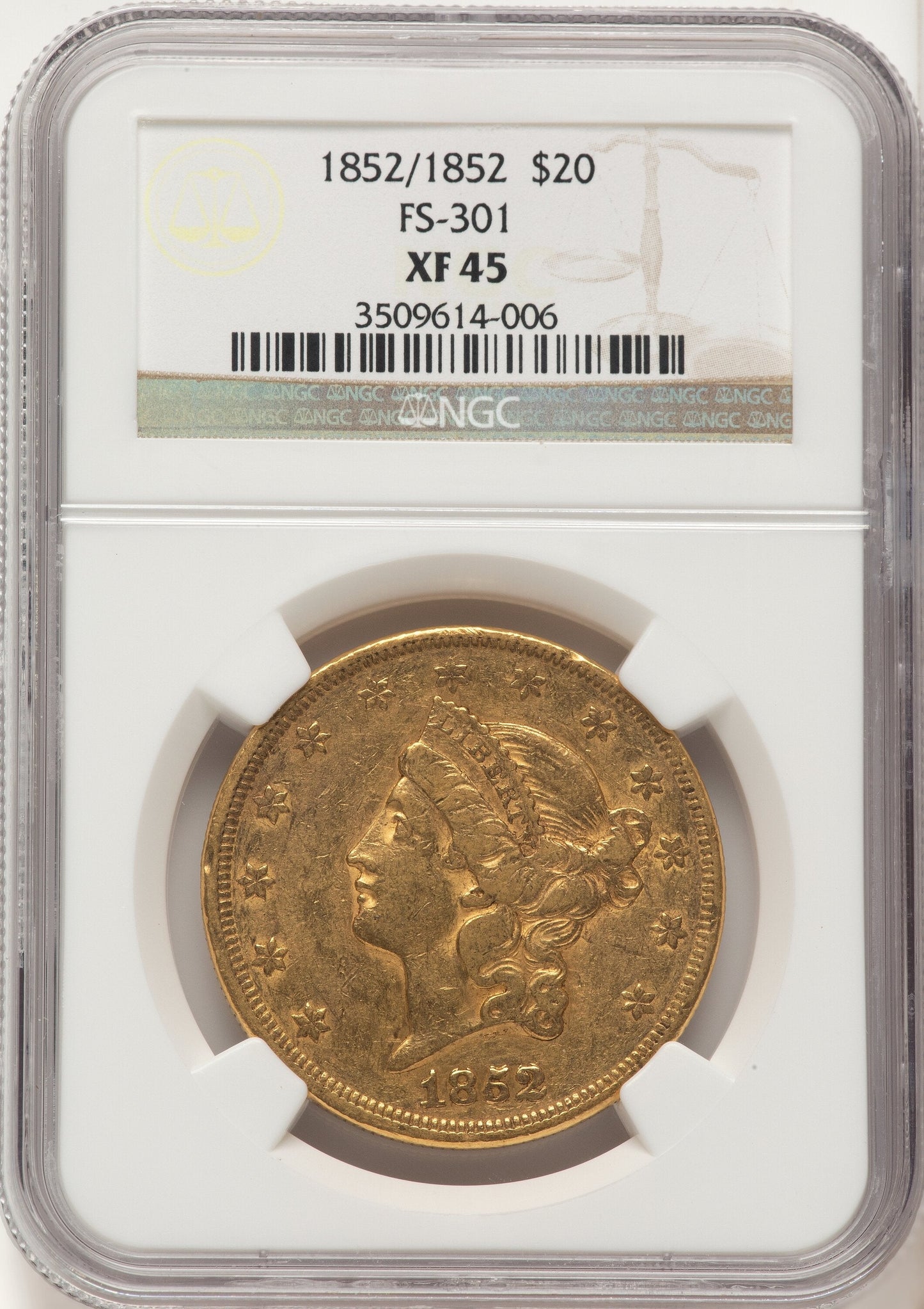 1852 $20 FS-301 Brown Label Liberty Double Eagle NGC XF45