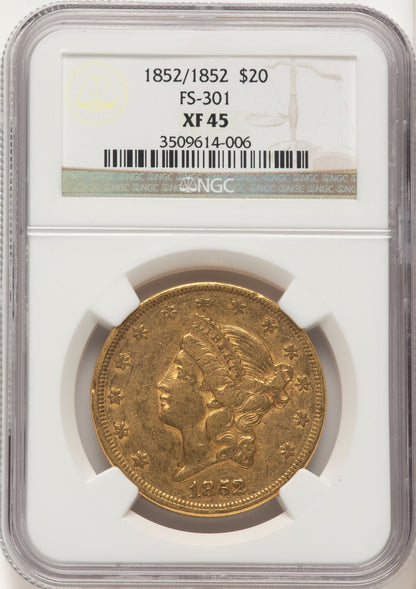 1852 $20 FS-301 Brown Label Liberty Double Eagle NGC XF45
