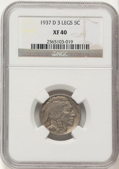 1937-D 5C Three-Legged FS-901 Buffalo Nickel NGC XF40