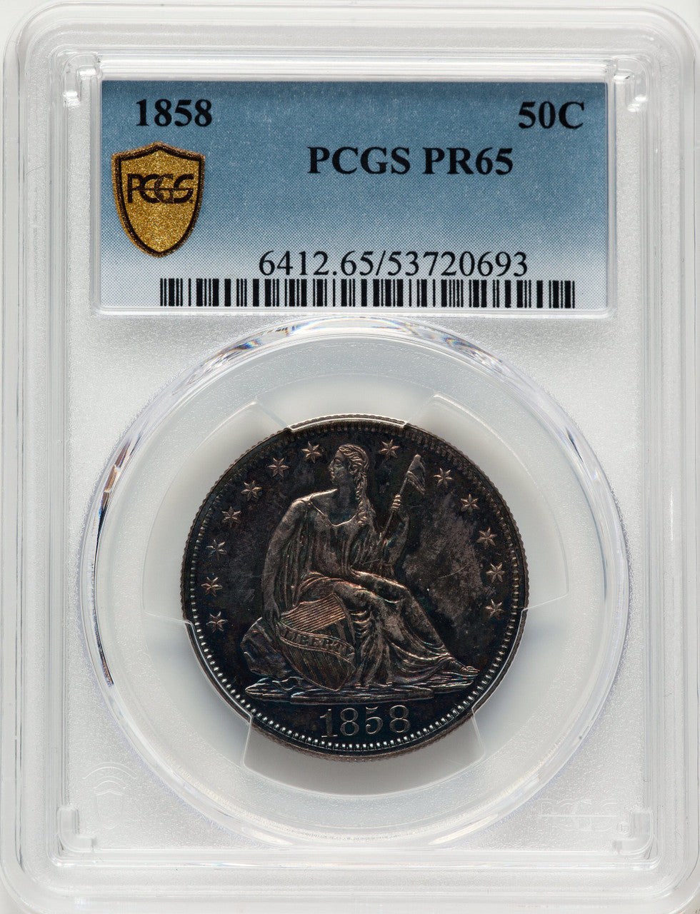 1858 50C Proof Seated Half Dollar PCGS PR65