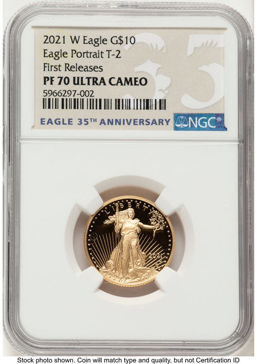 2021-W Type 2 Proof Gold Eagle 1/4 oz FR Eagle 35th Anniversary Label NGC PF70