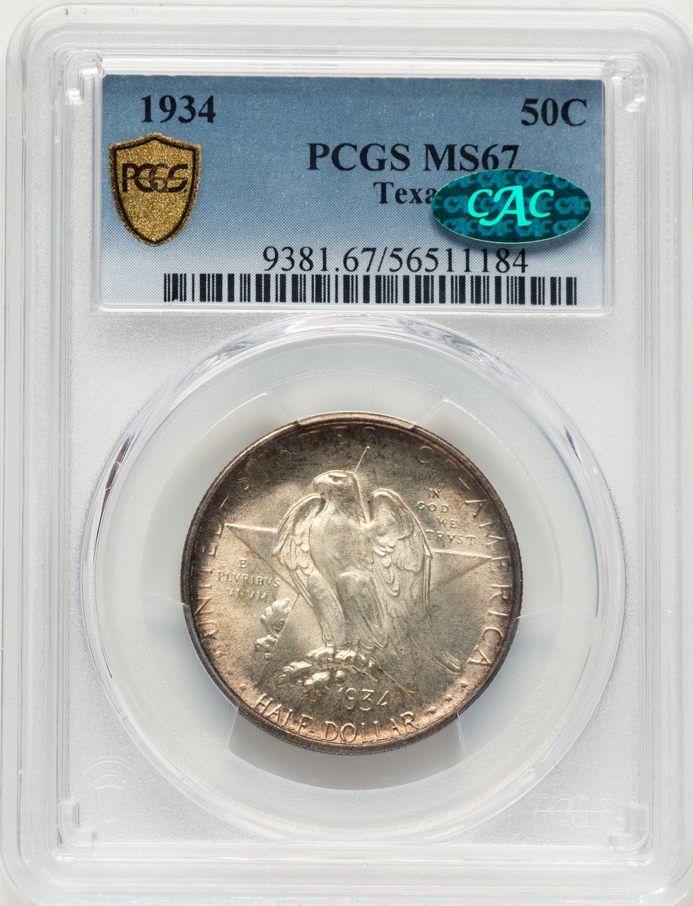1934 50C Texas CAC Commemorative Silver PCGS MS67