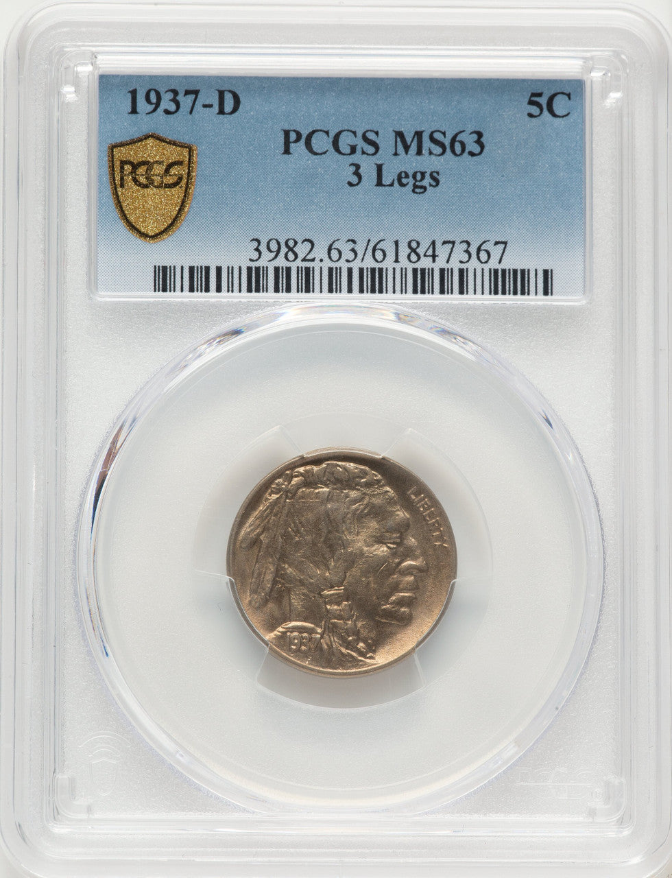 1937-D 5C Three-Legged Buffalo Nickel PCGS MS63