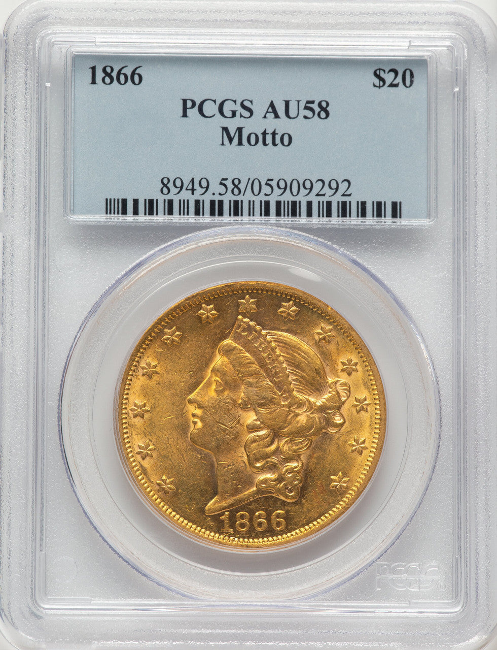 1866 $20 Liberty Double Eagle PCGS AU58