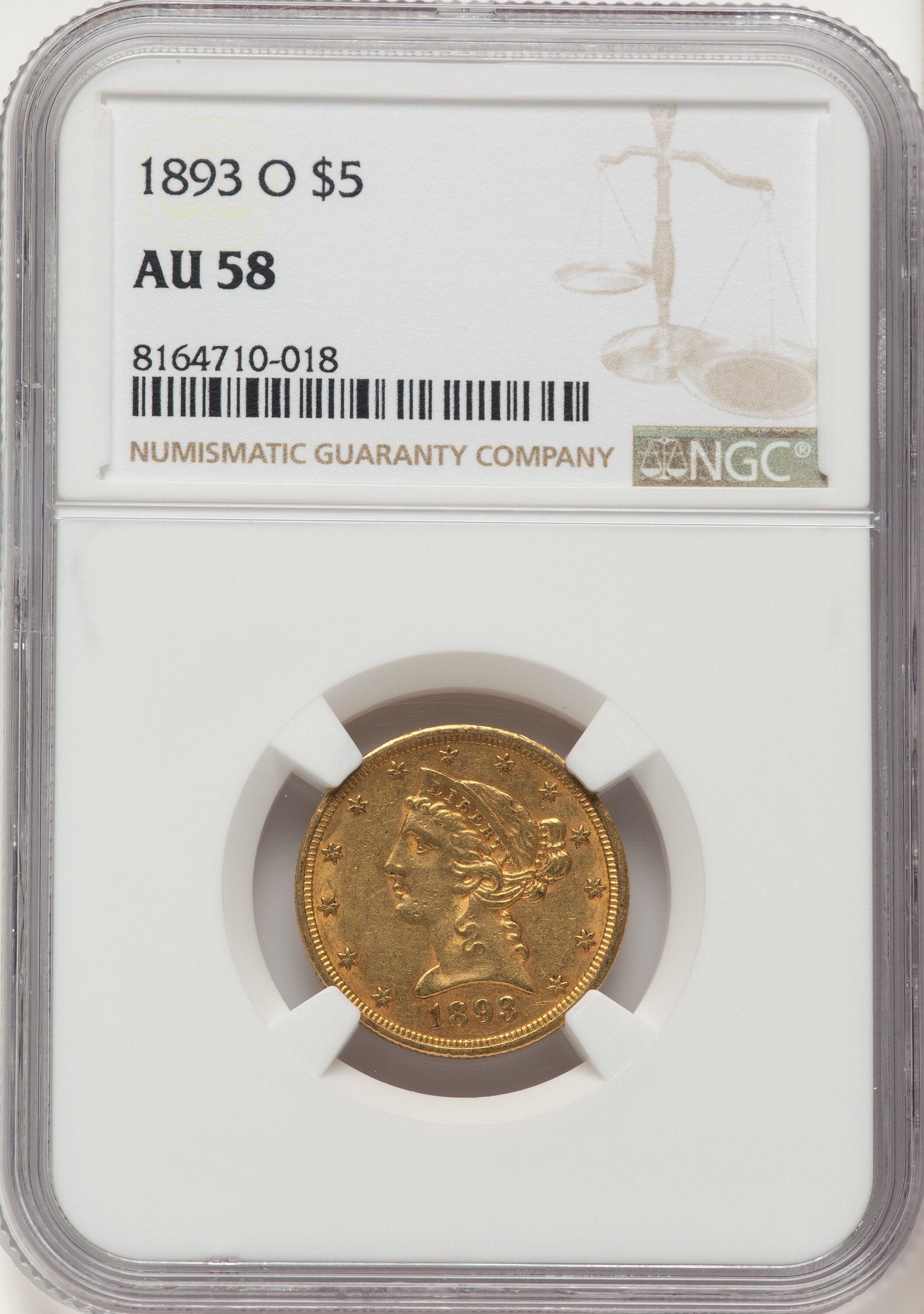 1893-O $5 Liberty Half Eagle NGC AU58