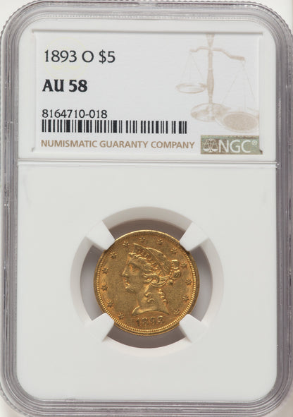 1893-O $5 Liberty Half Eagle NGC AU58