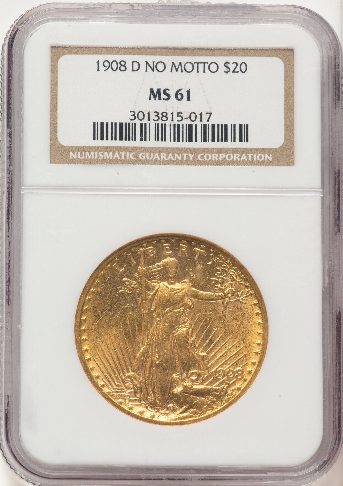1908-D $20 NO MOTTO Saint-Gaudens Double Eagle NGC MS61