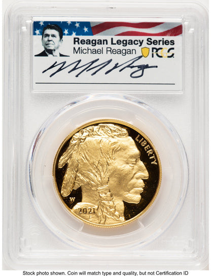 2021-W Proof Gold Buffalo 1 oz FDI Reagan Legacy Series Michael Reagan Picture PCGS PR70