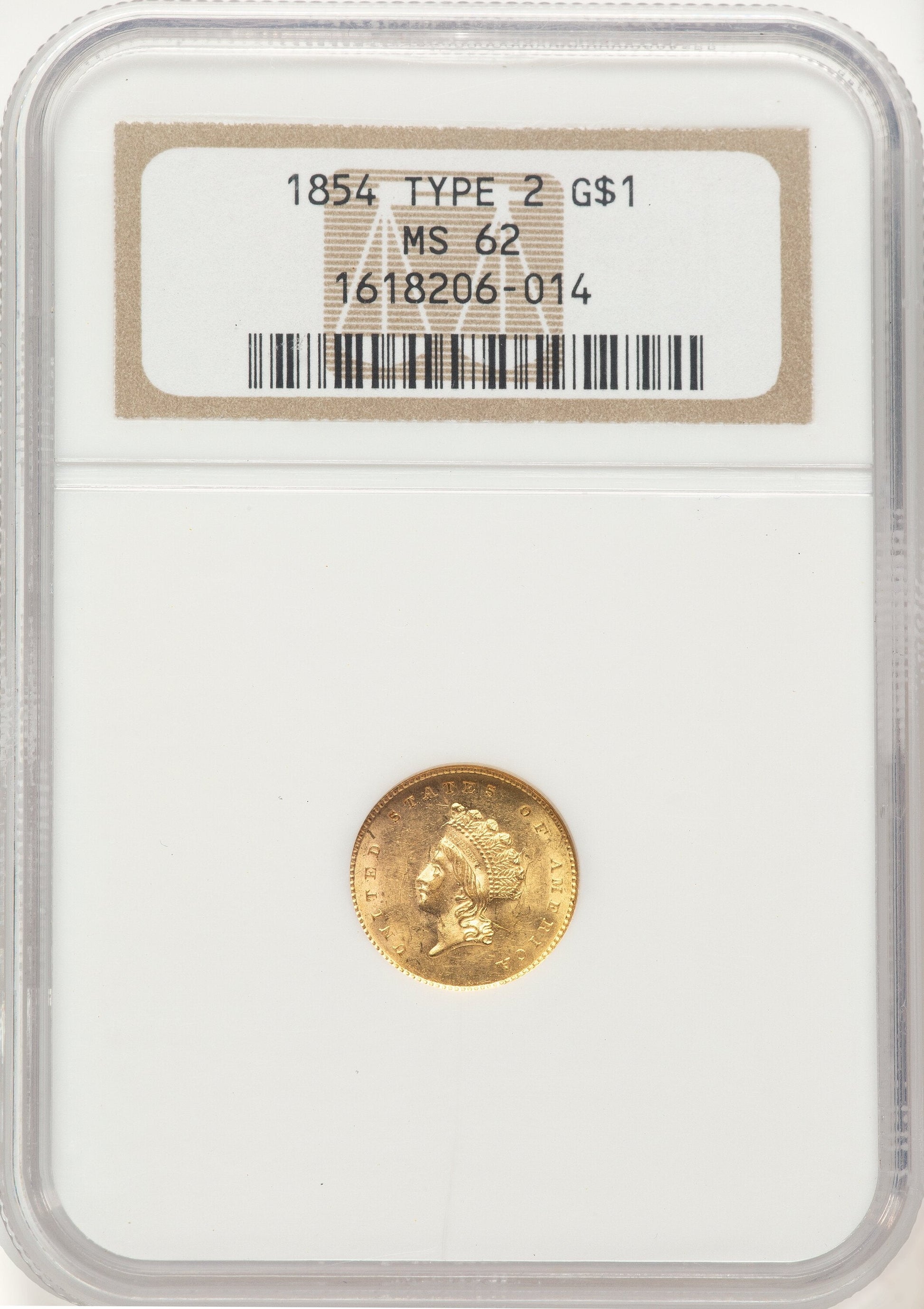 1854 G$1 Type Two Gold Dollar NGC MS62