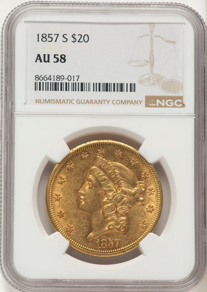 1857-S $20 Liberty Double Eagle NGC AU58