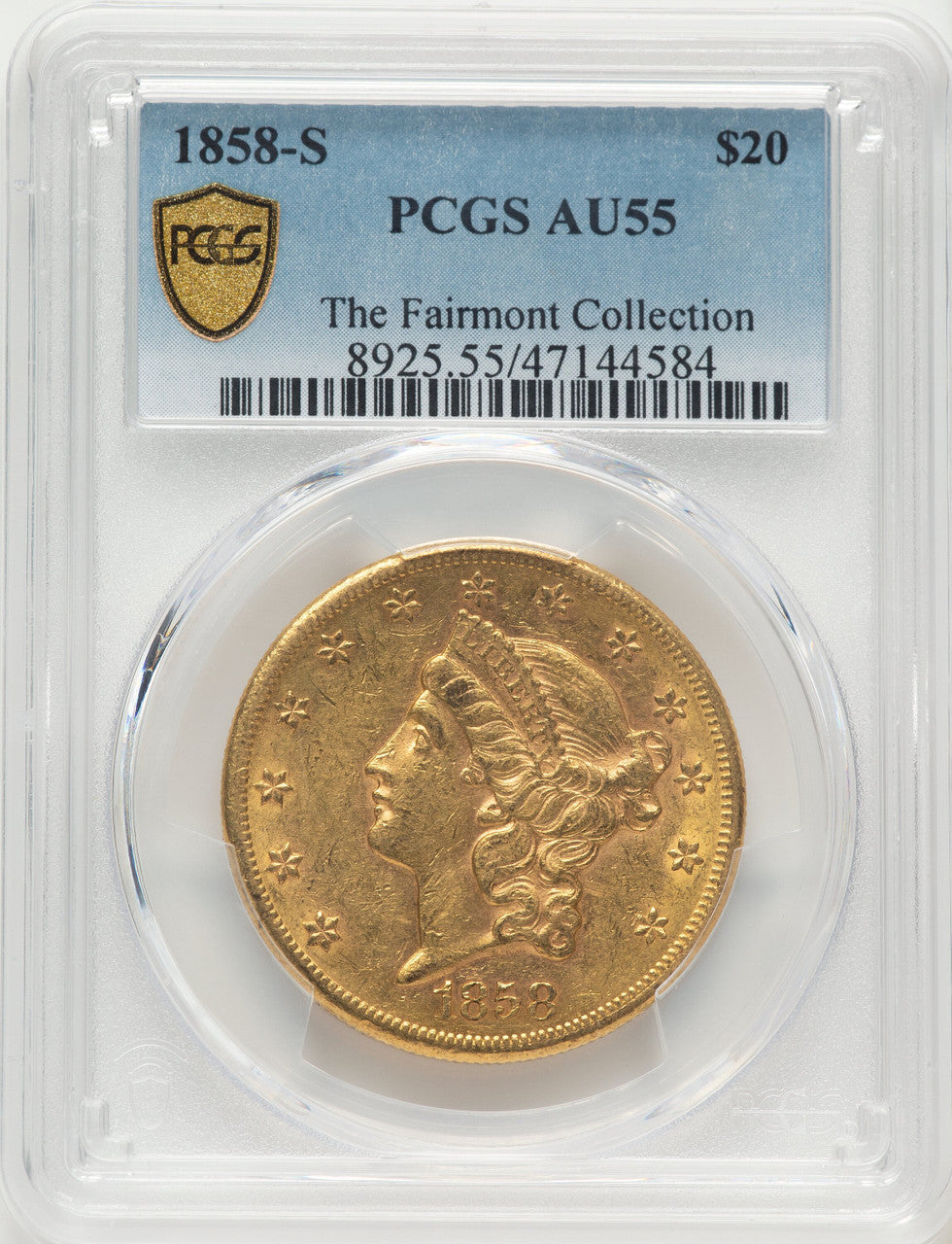 1858-S $20 Liberty Double Eagle PCGS AU55