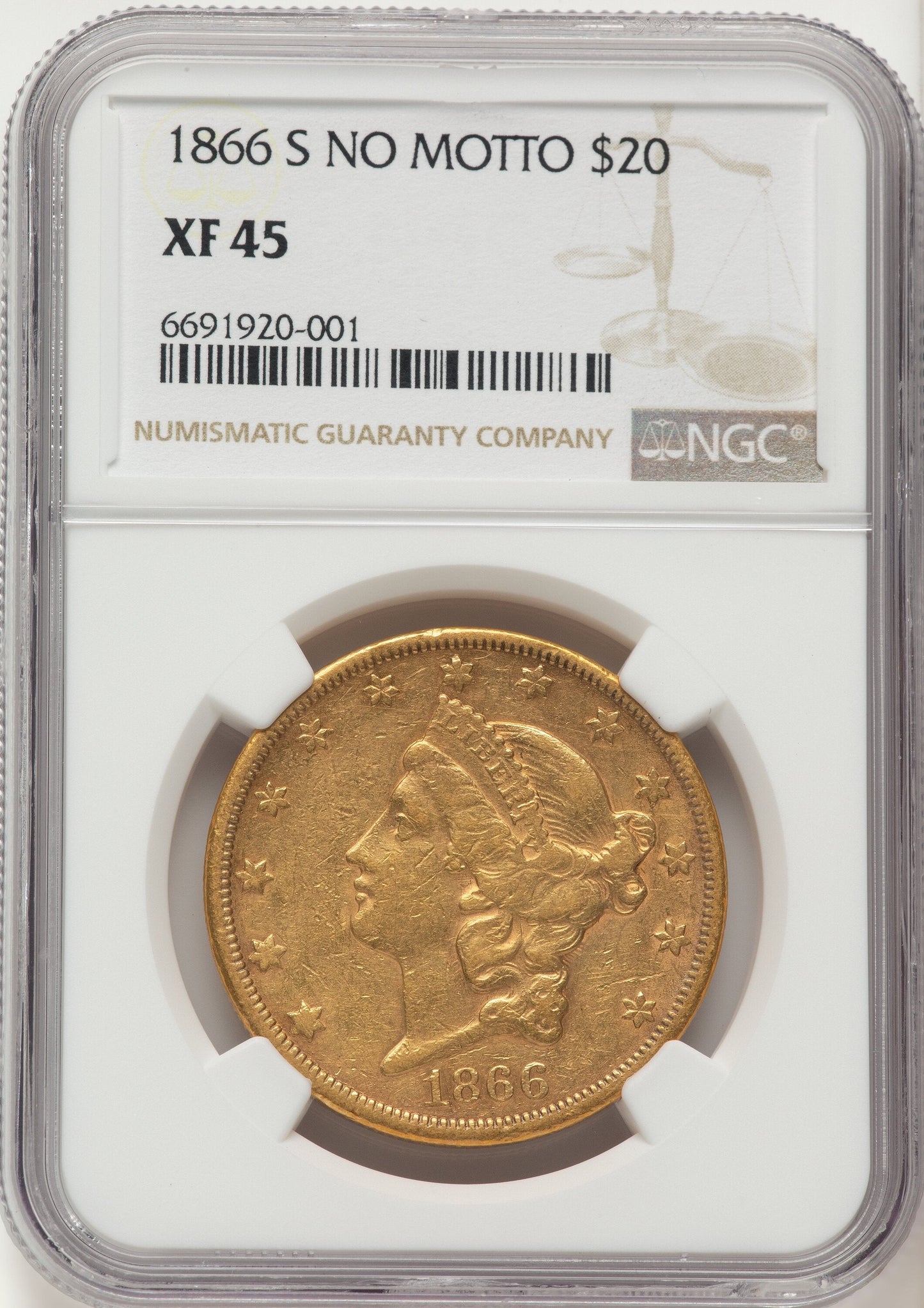 1866-S $20 NO MOTTO Liberty Double Eagle NGC XF45