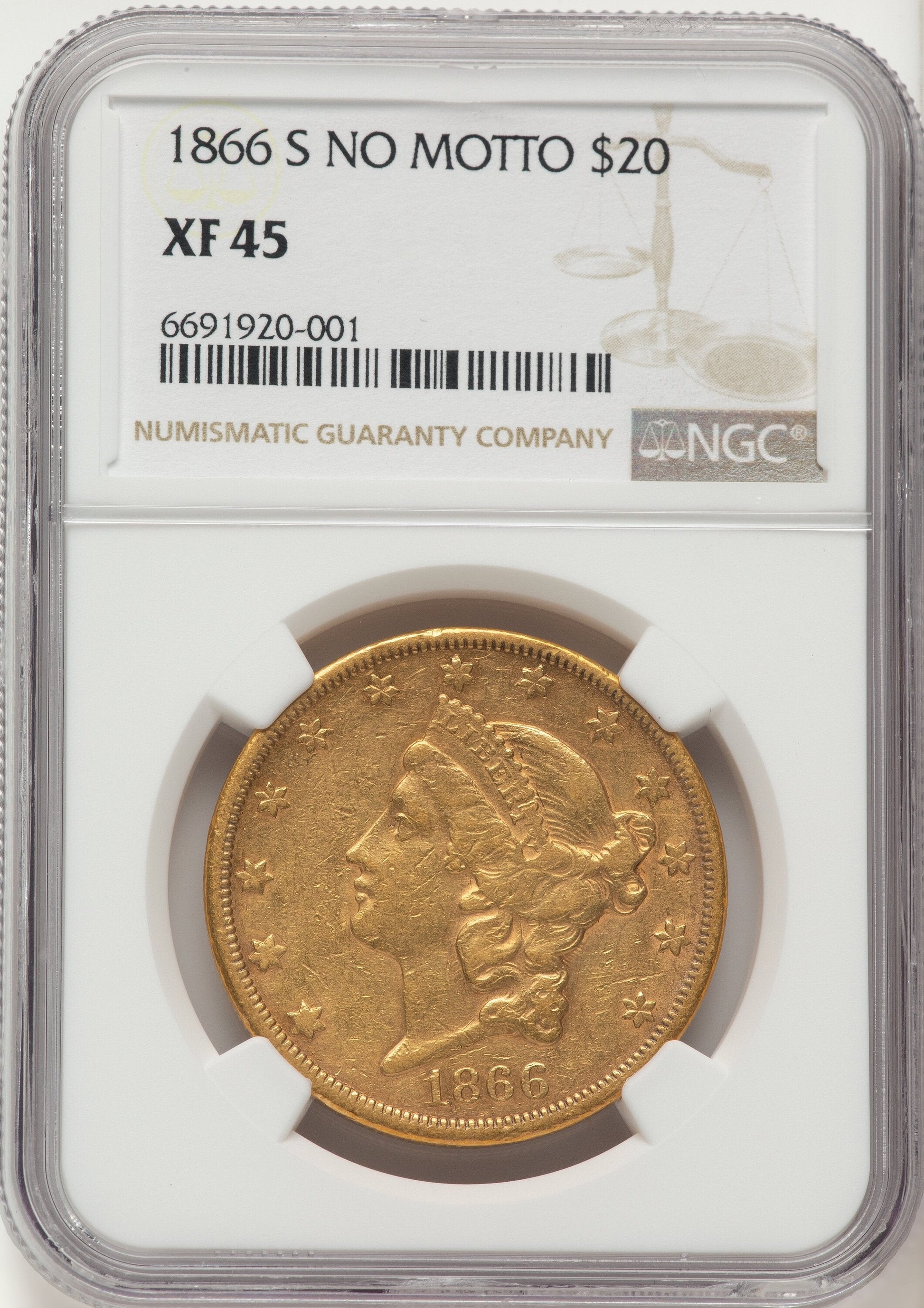 1866-S $20 NO MOTTO Liberty Double Eagle NGC XF45