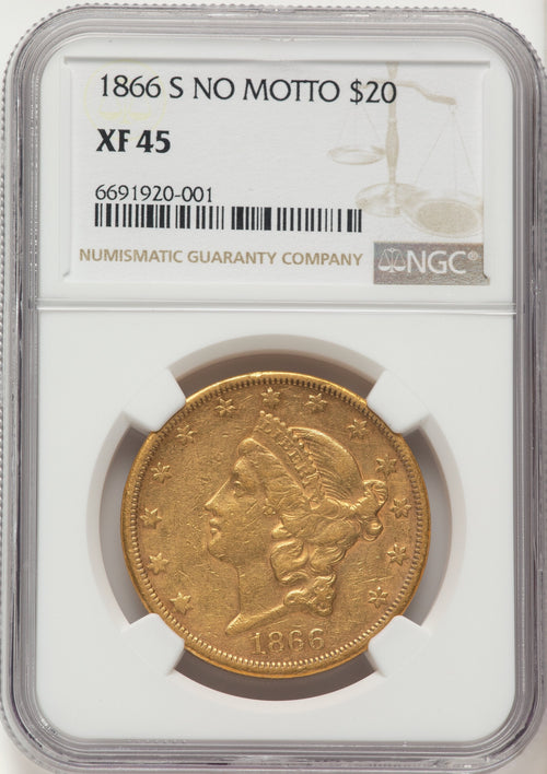 1866-S $20 NO MOTTO Liberty Double Eagle NGC XF45