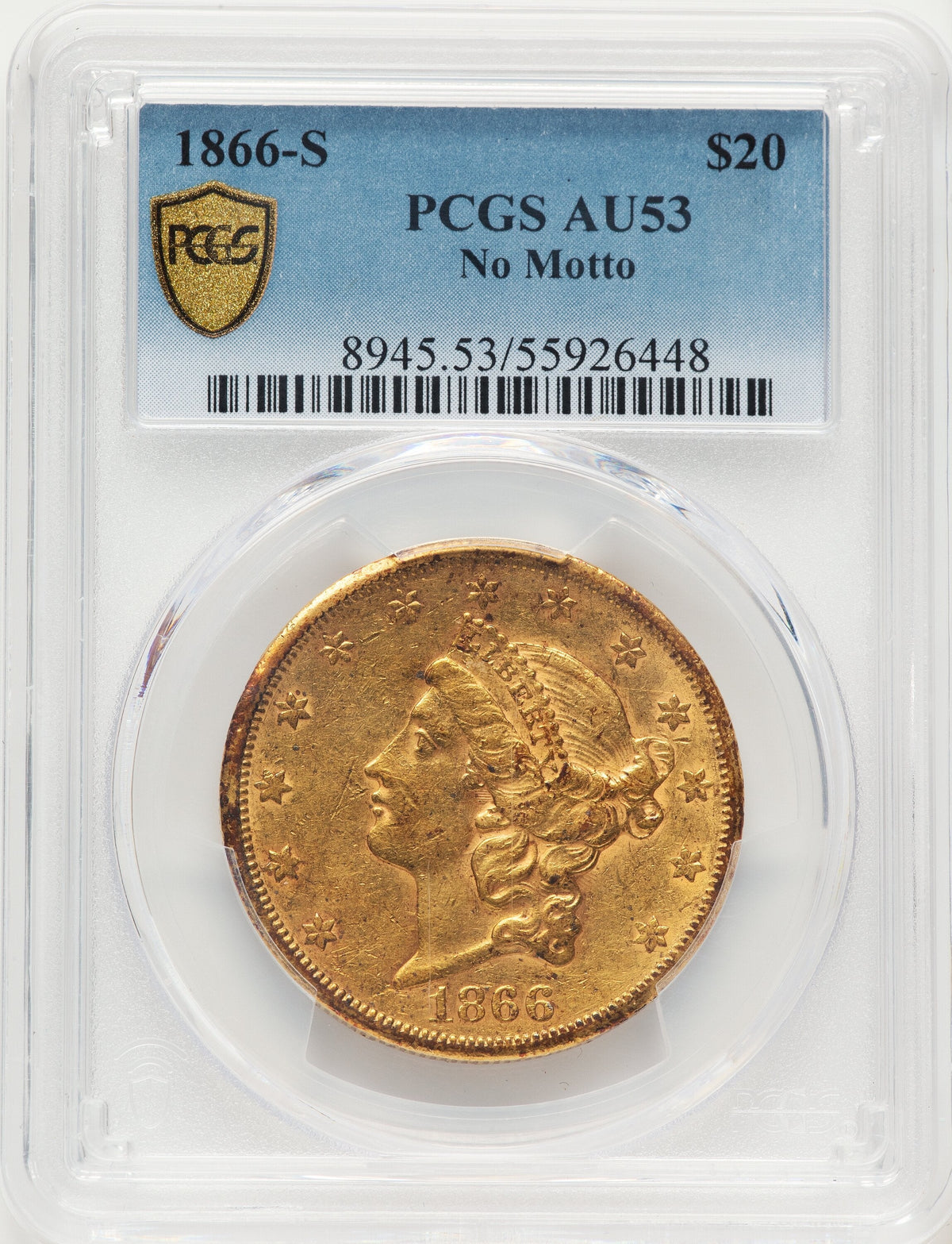 1866-S $20 NO MOTTO Liberty Double Eagle PCGS AU53