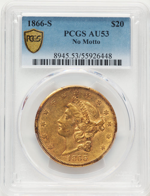 1866-S $20 NO MOTTO Liberty Double Eagle PCGS AU53