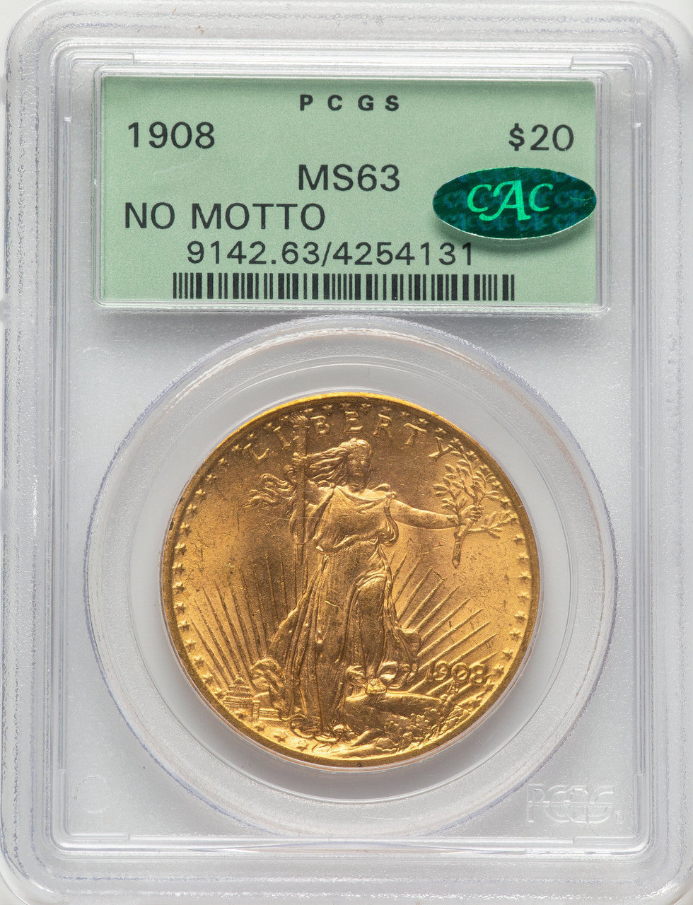 1908 $20 NO MOTTO CAC Green Label Saint-Gaudens Double Eagle PCGS MS63