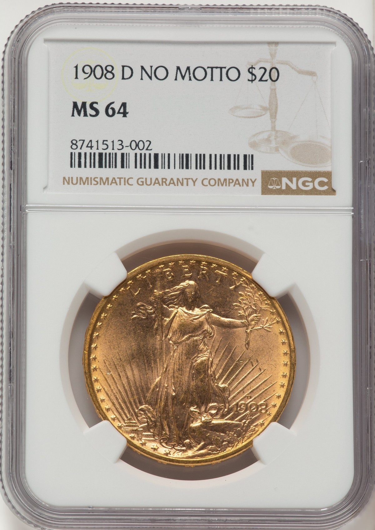 1908-D $20 NO MOTTO Brown Label Saint-Gaudens Double Eagle NGC MS64