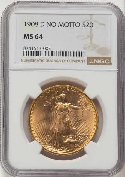1908-D $20 NO MOTTO Brown Label Saint-Gaudens Double Eagle NGC MS64
