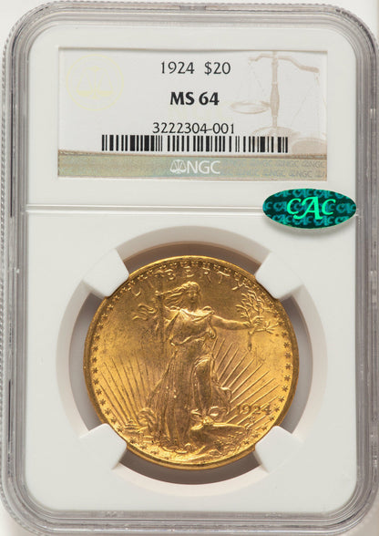 1924 $20 Saint CAC Brown Label Saint-Gaudens Double Eagle NGC MS64