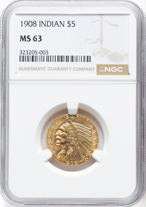 1908 $5 Indian Half Eagle NGC MS63