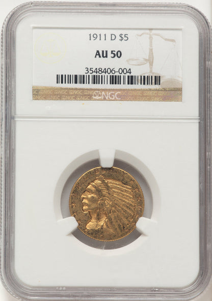1911-D $5 Indian Half Eagle NGC AU50