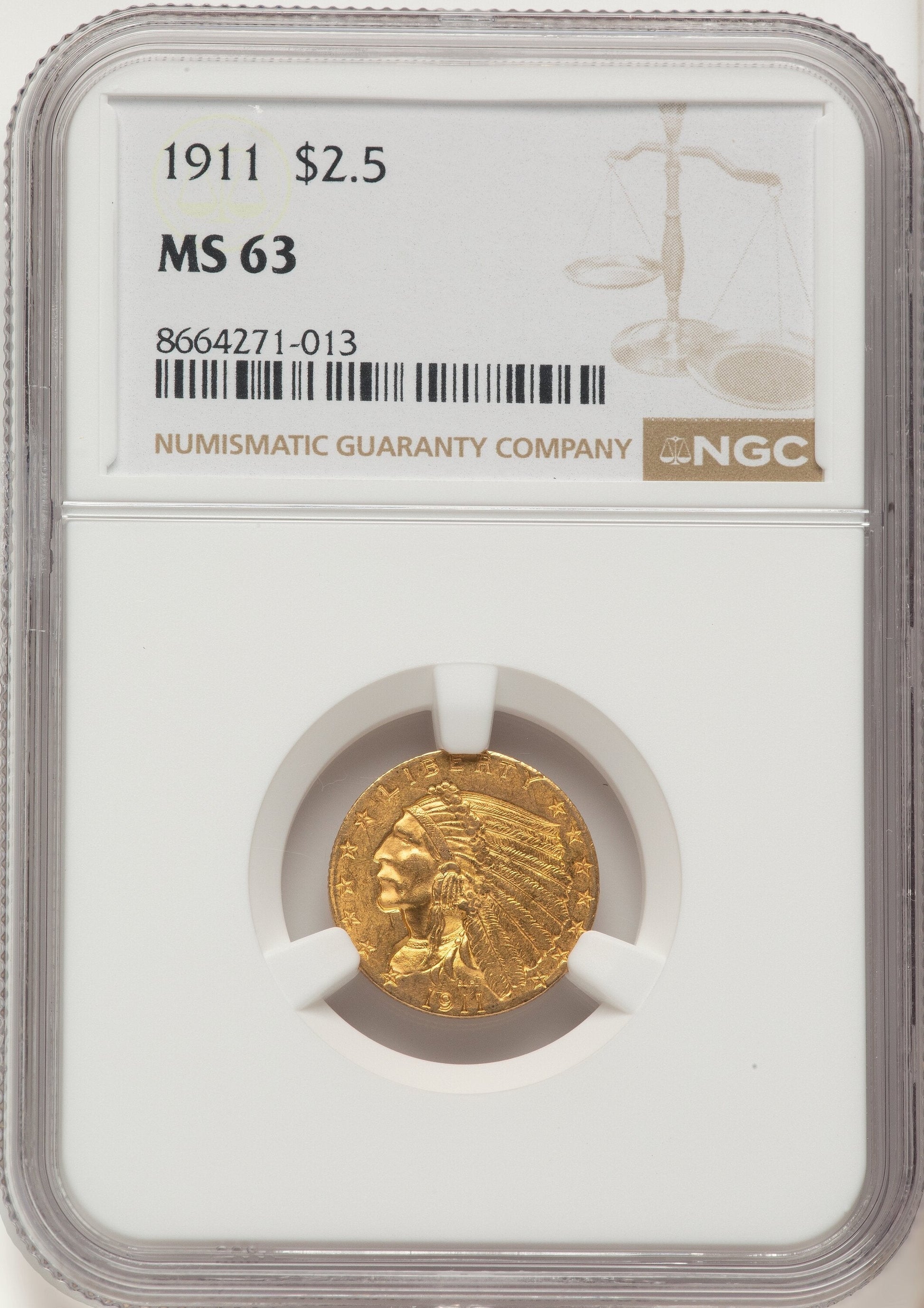 1911 $2.50 Indian Quarter Eagle NGC MS63