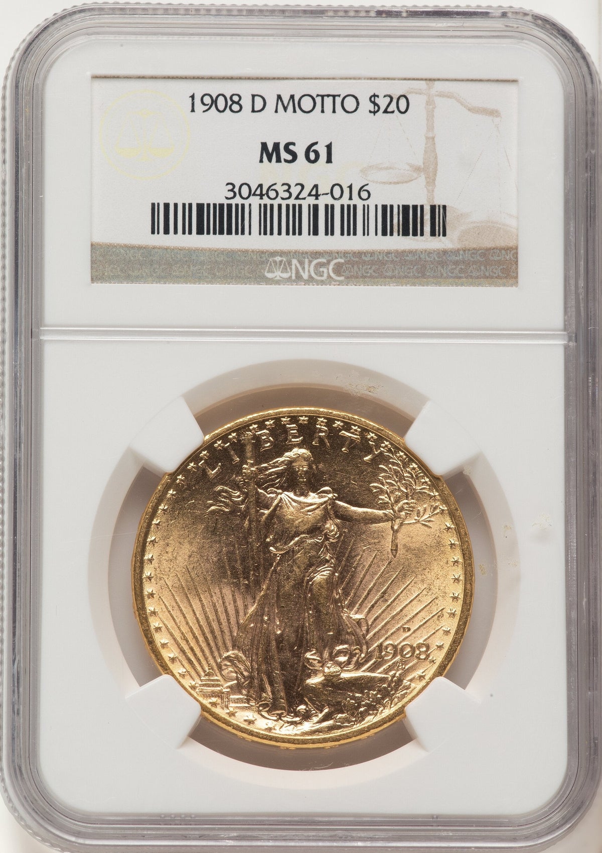 1908-D $20 MOTTO Saint-Gaudens Double Eagle NGC MS61