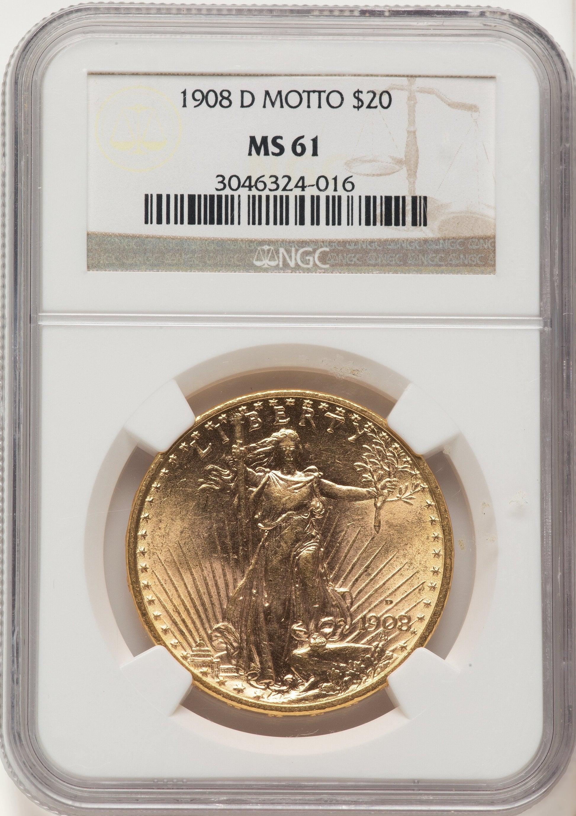 1908-D $20 MOTTO Saint-Gaudens Double Eagle NGC MS61