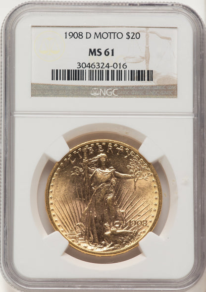 1908-D $20 MOTTO Saint-Gaudens Double Eagle NGC MS61