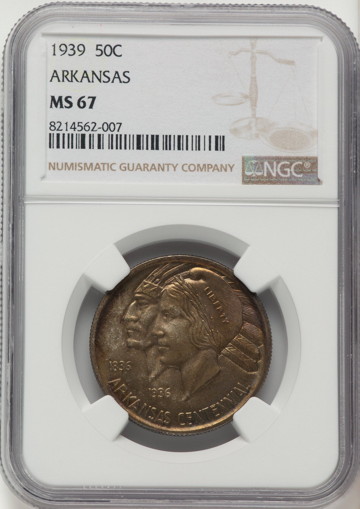 1939 50C Arkansas Commemorative Silver NGC MS67