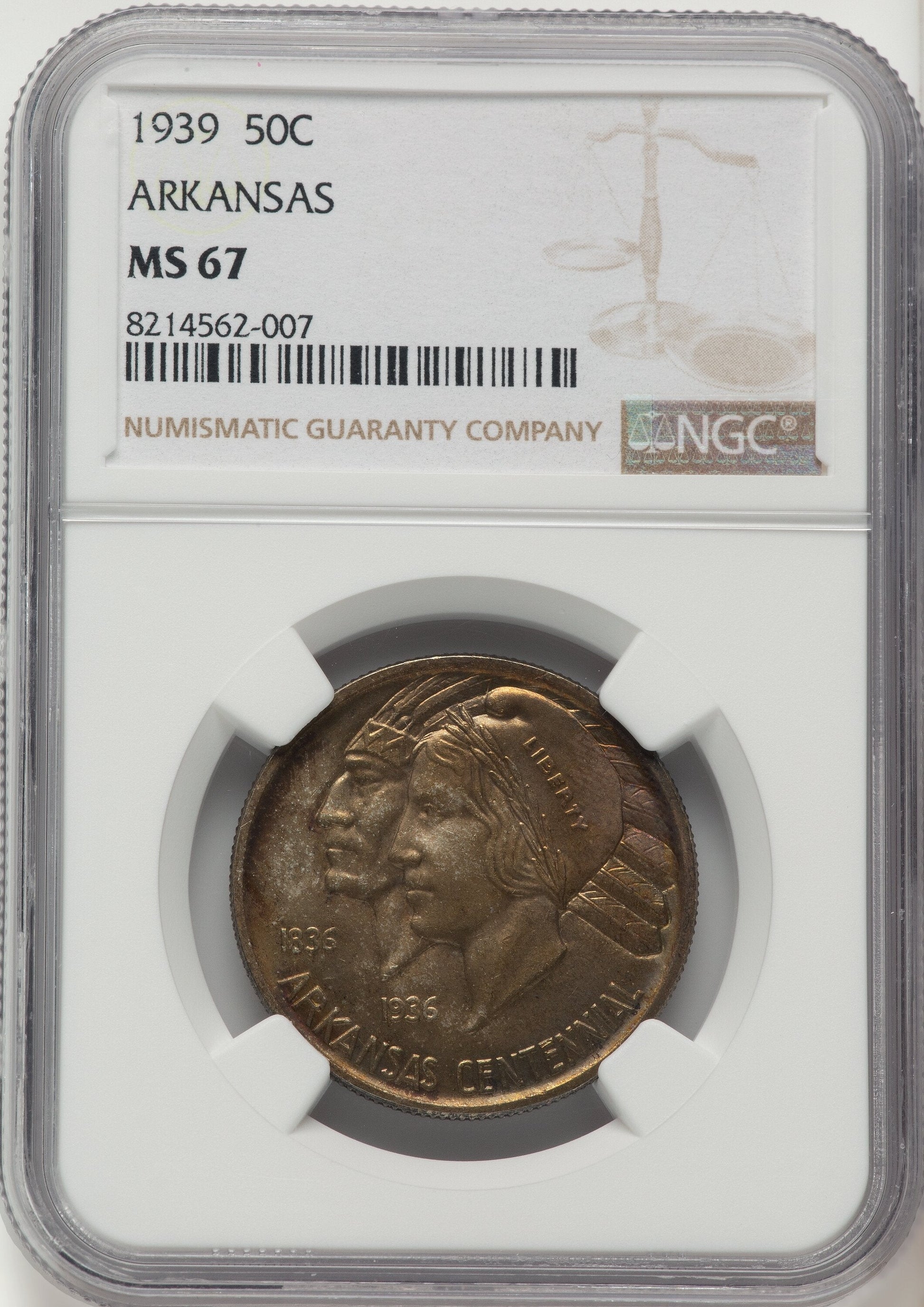 1939 50C Arkansas Commemorative Silver NGC MS67
