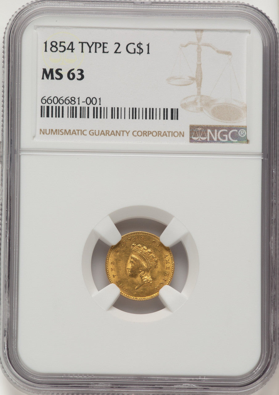 1854 G$1 Type Two Gold Dollar NGC MS63