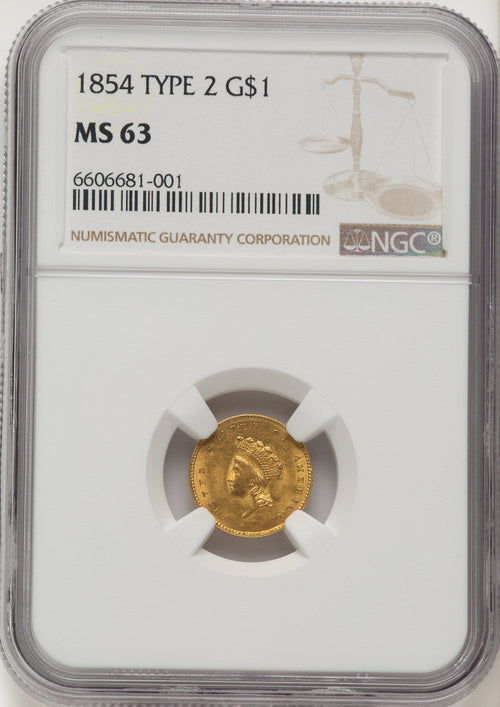 1854 G$1 Type Two Gold Dollar NGC MS63