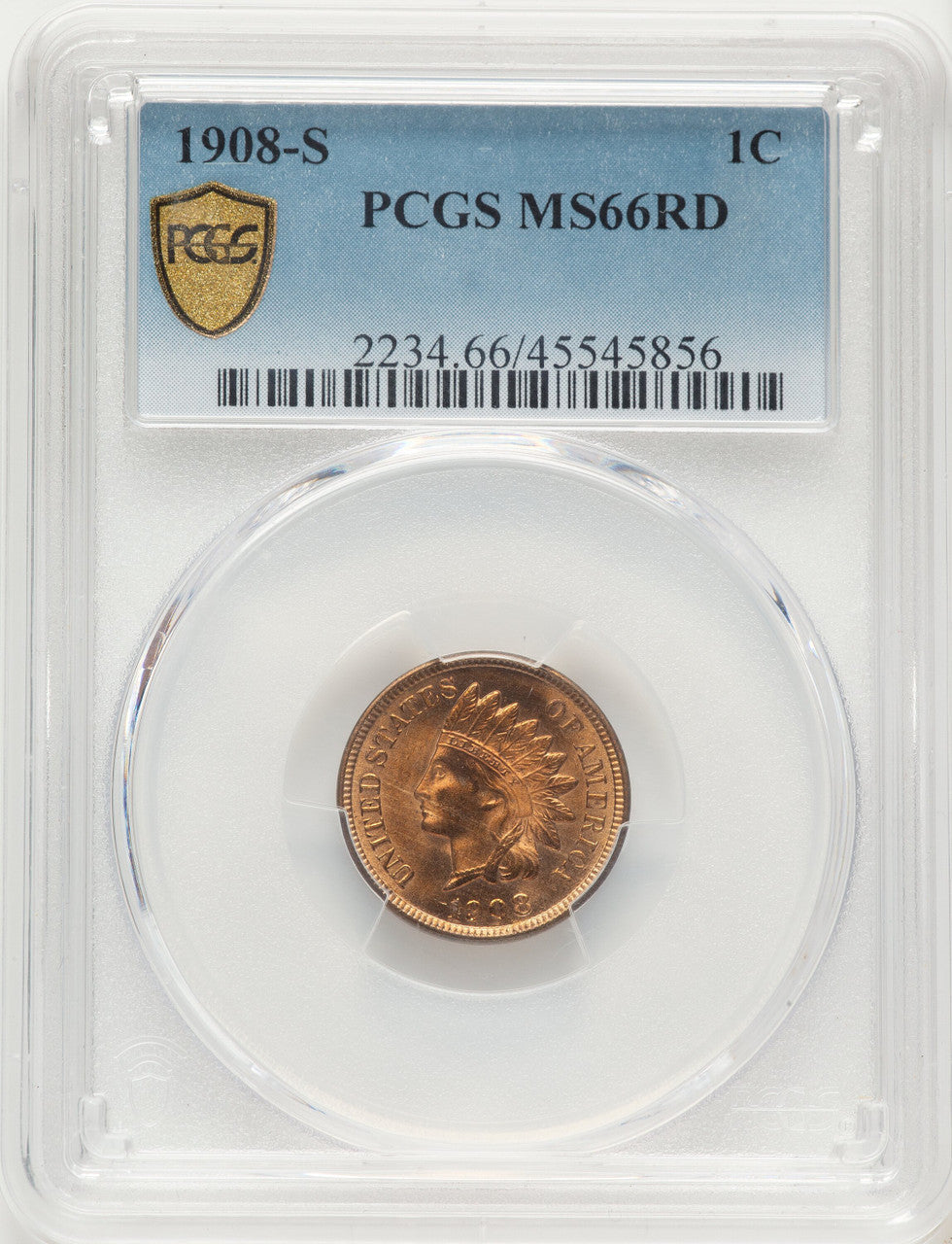 1908-S 1C RD Indian Cent PCGS MS66