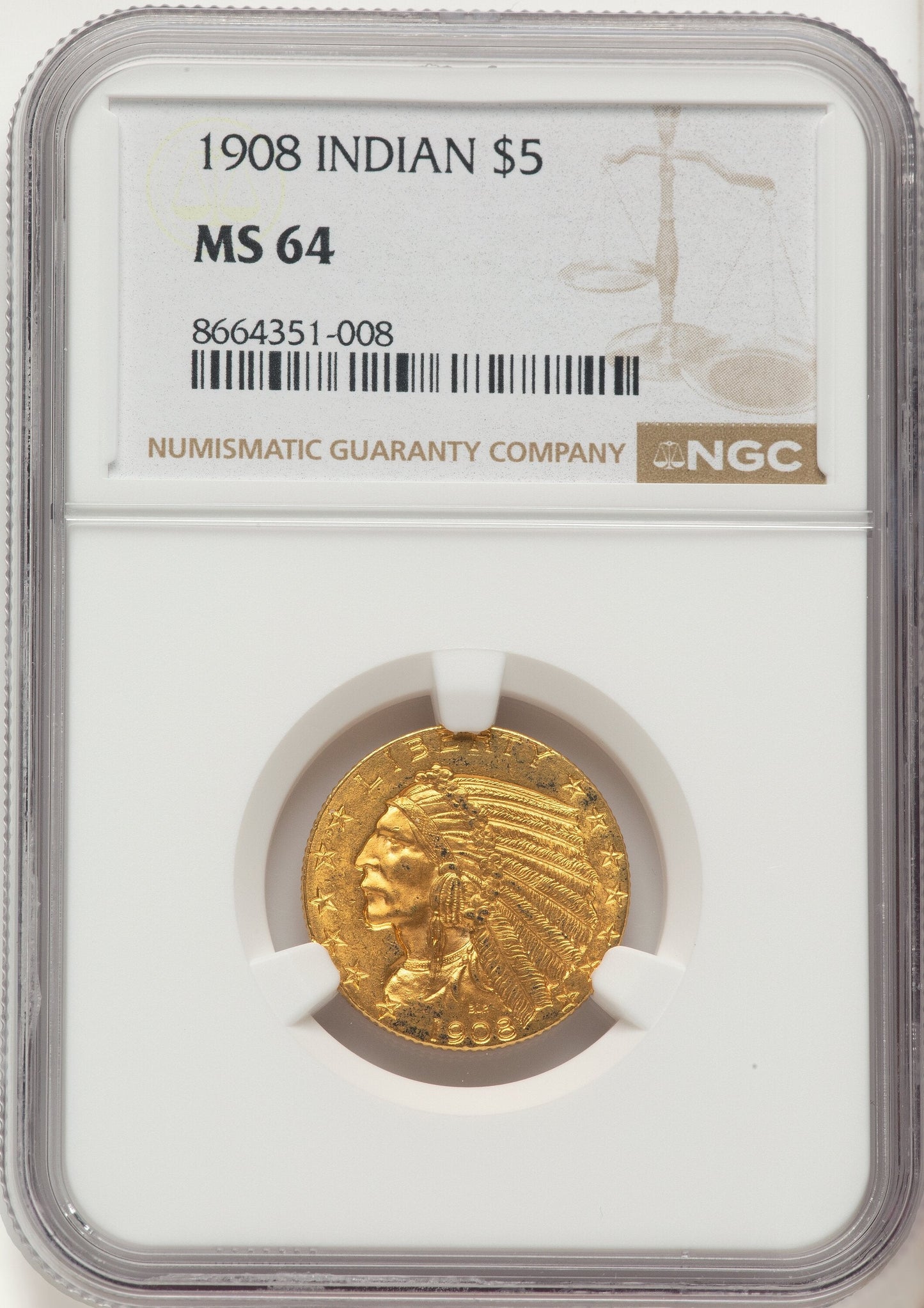 1908 $5 Indian Half Eagle NGC MS64