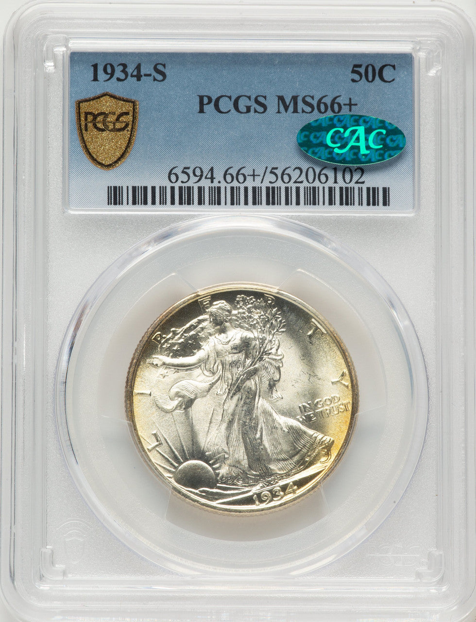 1934-S 50C CAC Walking Liberty Half Dollar PCGS MS66+