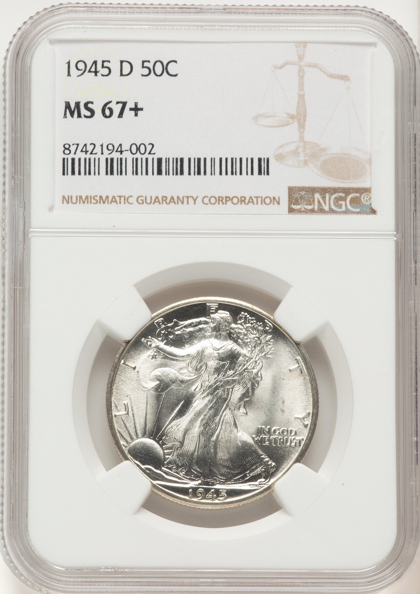 1945-D 50C Walking Liberty Half Dollar NGC MS67+