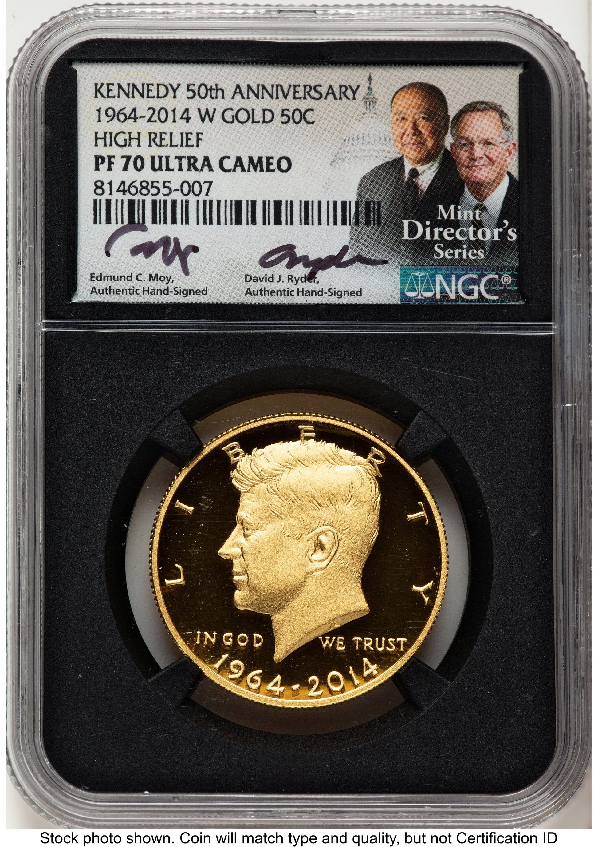 2014-W 50C Gold JFK 50th Anniversary /David J Ryder Mint Director's Series Proof Kennedy Half Dollar NGC PR70 Ed Moy