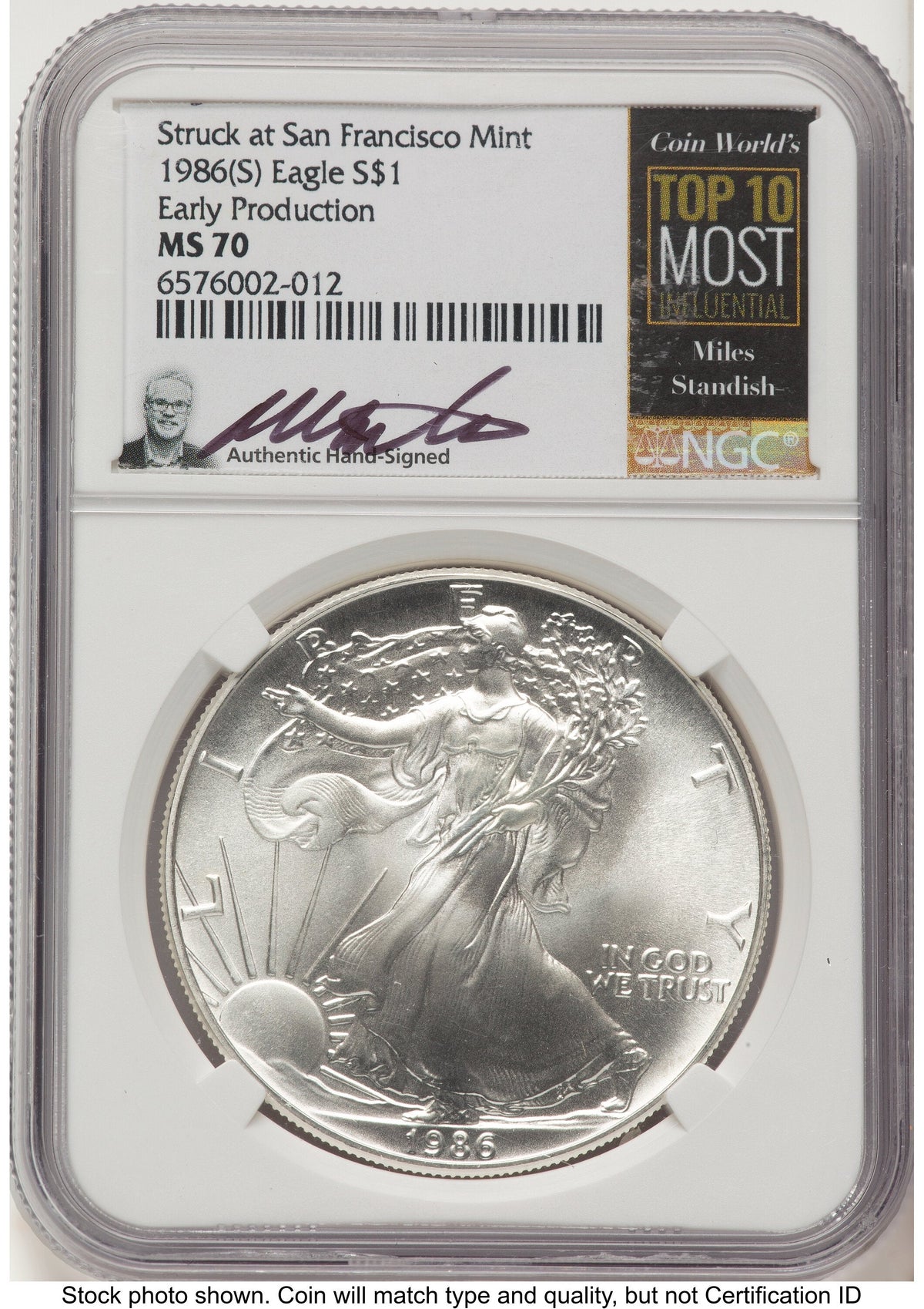 1986-(S) Silver Eagle Early Production Miles Standish Coin World's Top 10 Most Influential Label NGC MS70