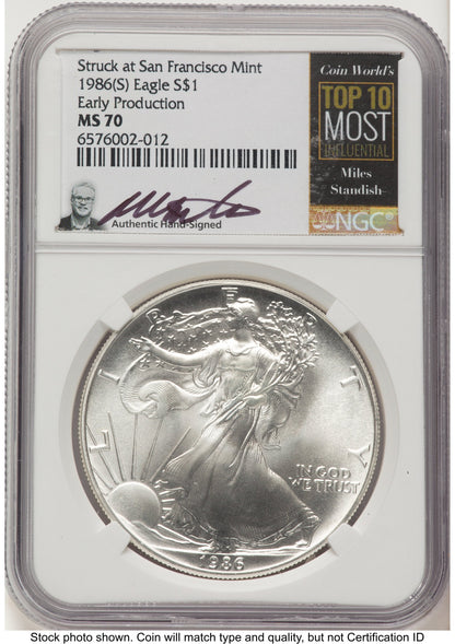 1986-(S) Silver Eagle Early Production Miles Standish Coin World's Top 10 Most Influential Label NGC MS70