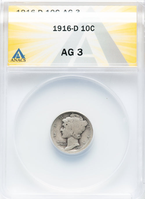 1916-D 10C Mercury Dime ANACS AG03