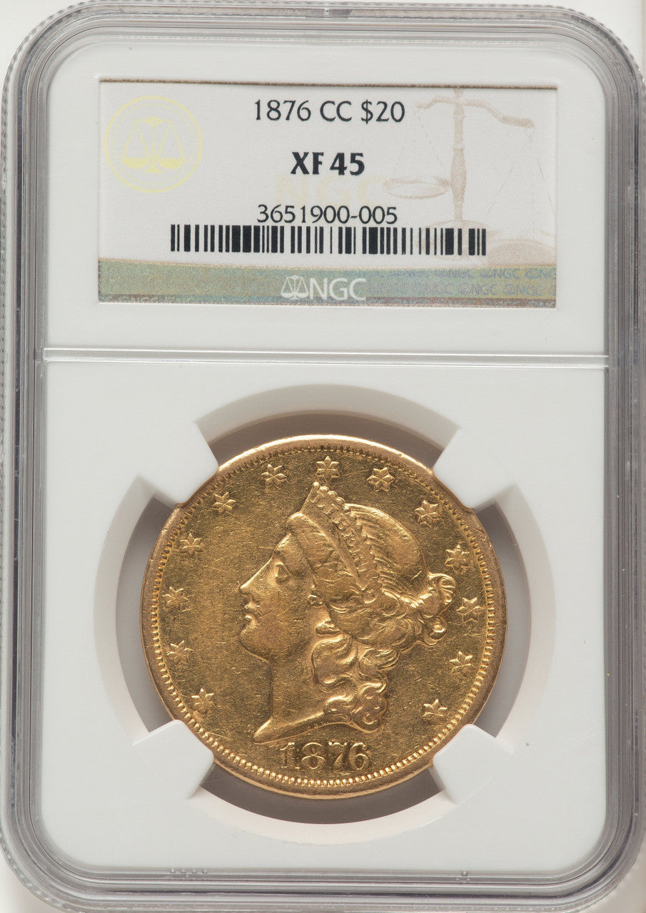 1876-CC $20 Brown Label Liberty Double Eagle NGC XF45