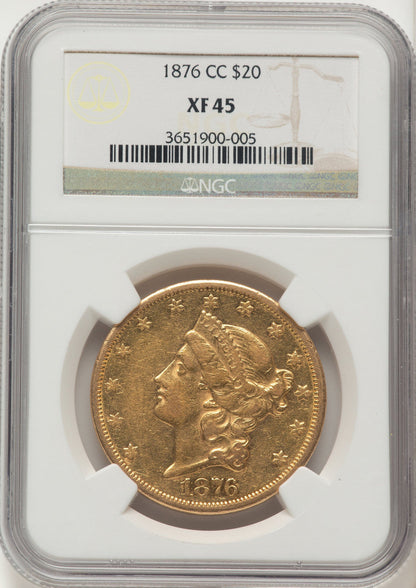 1876-CC $20 Brown Label Liberty Double Eagle NGC XF45